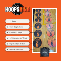 Thumbnail for 12 black & orange HoopsKing spot markers with numbers 1-6 on a court, plus a black carry bag.