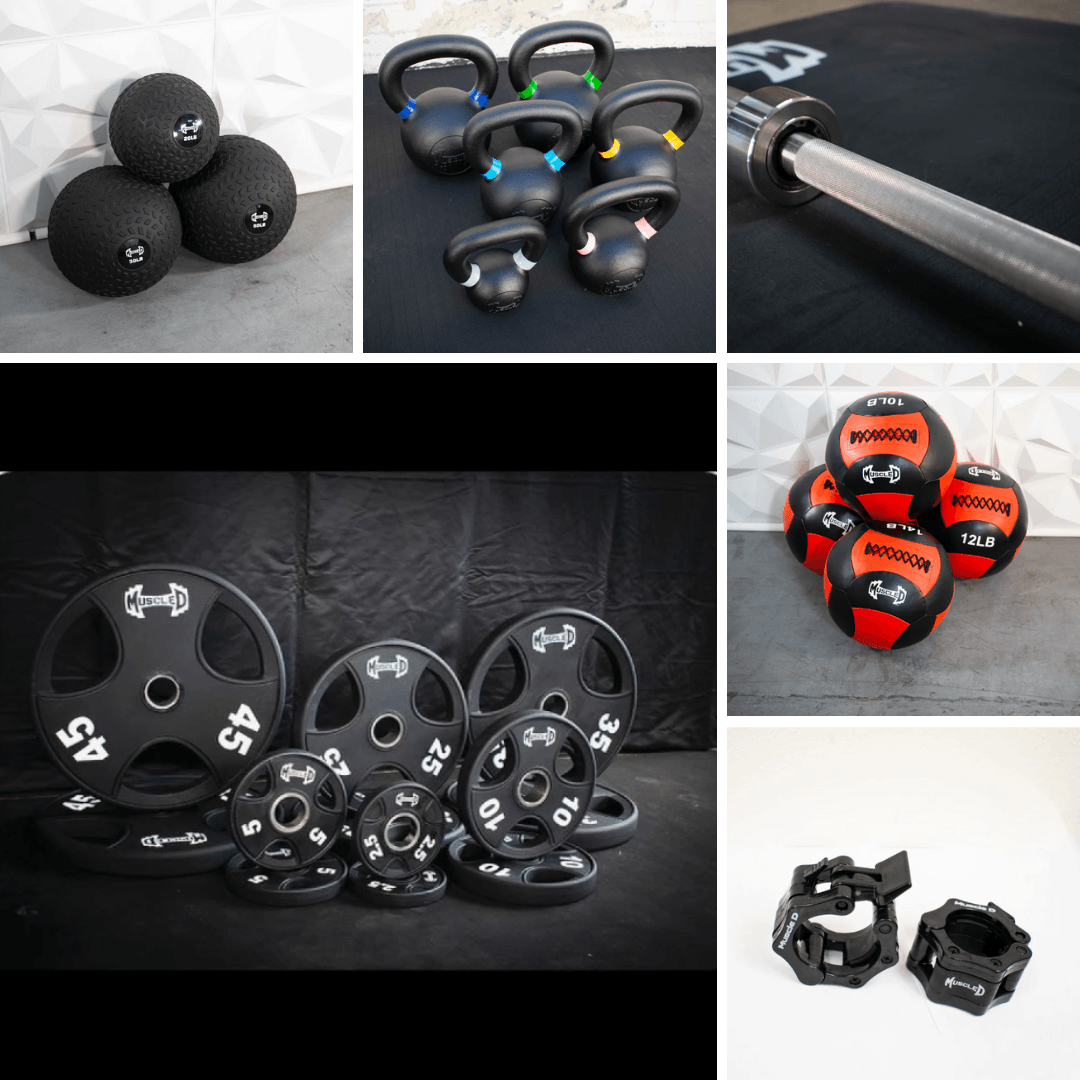 Collage of strength training equipment: kettlebells, medicine balls, Olympic bar, weight plates, and bar clamps.