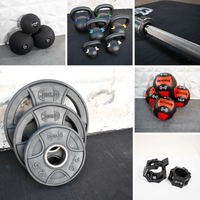 Thumbnail for Collage of strength training equipment: medicine balls, kettlebells, Olympic bar, weight plates, and barbell collars.