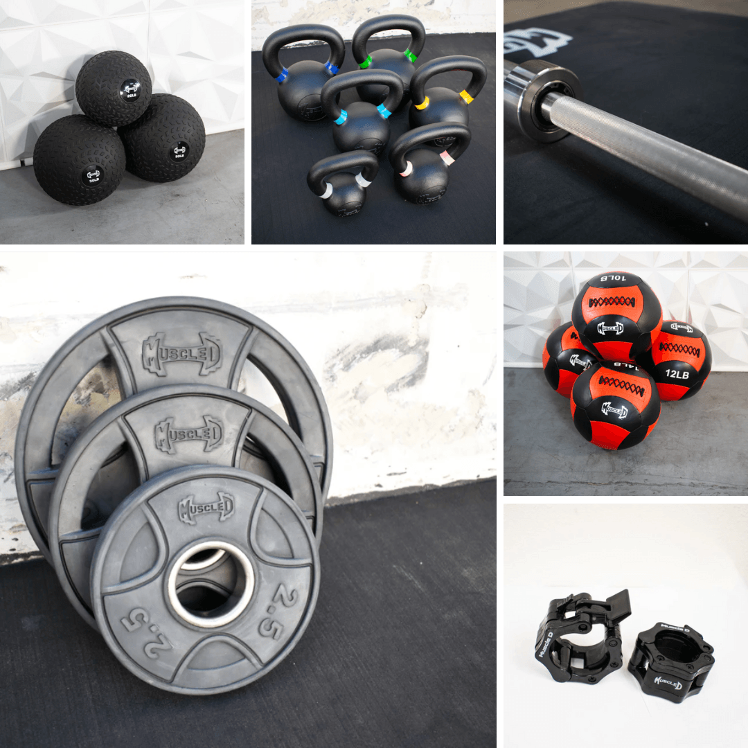 Collage of strength training equipment: medicine balls, kettlebells, barbell, weight plates, and barbell collars.