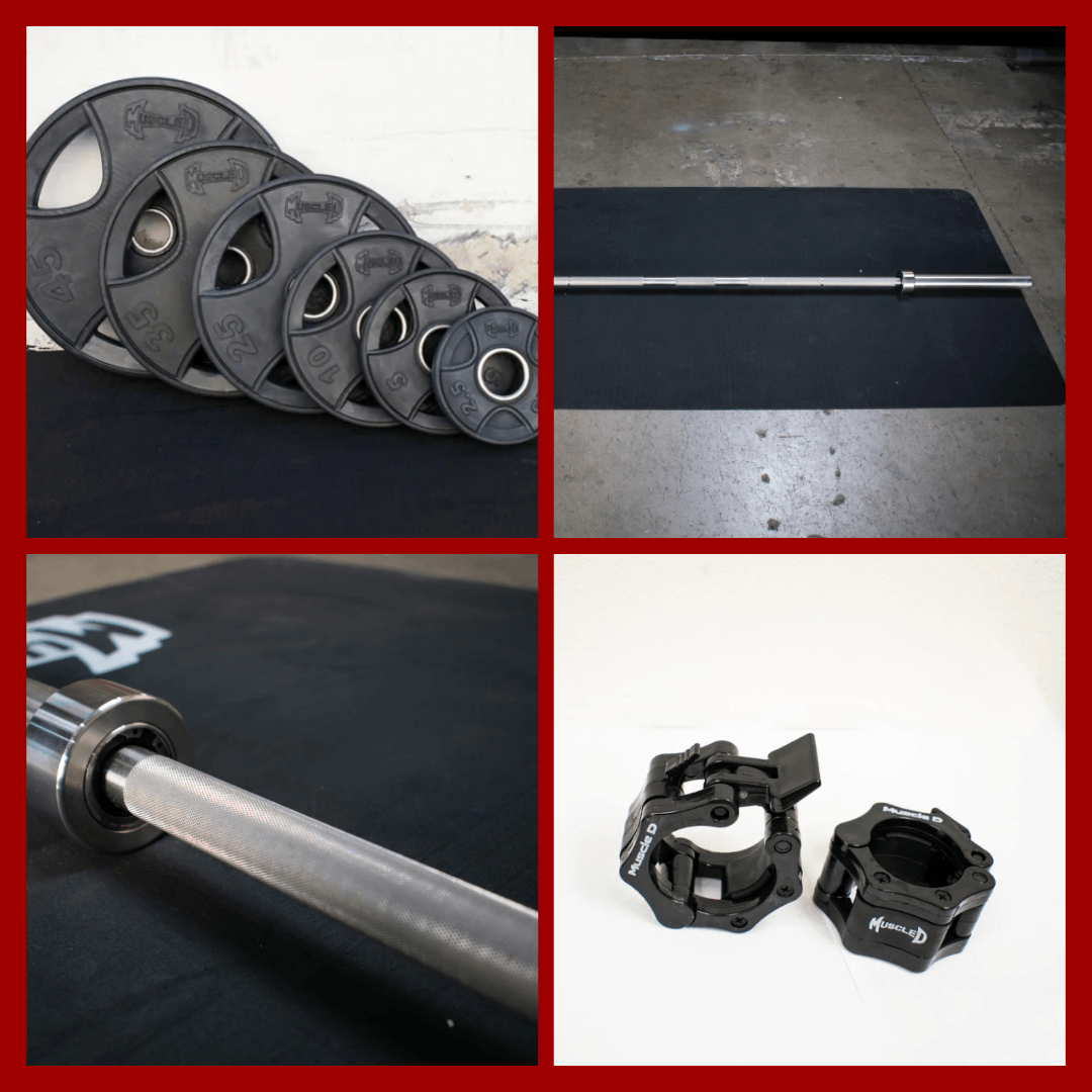 Olympic bar, rubber weight plates, and barbell collars.