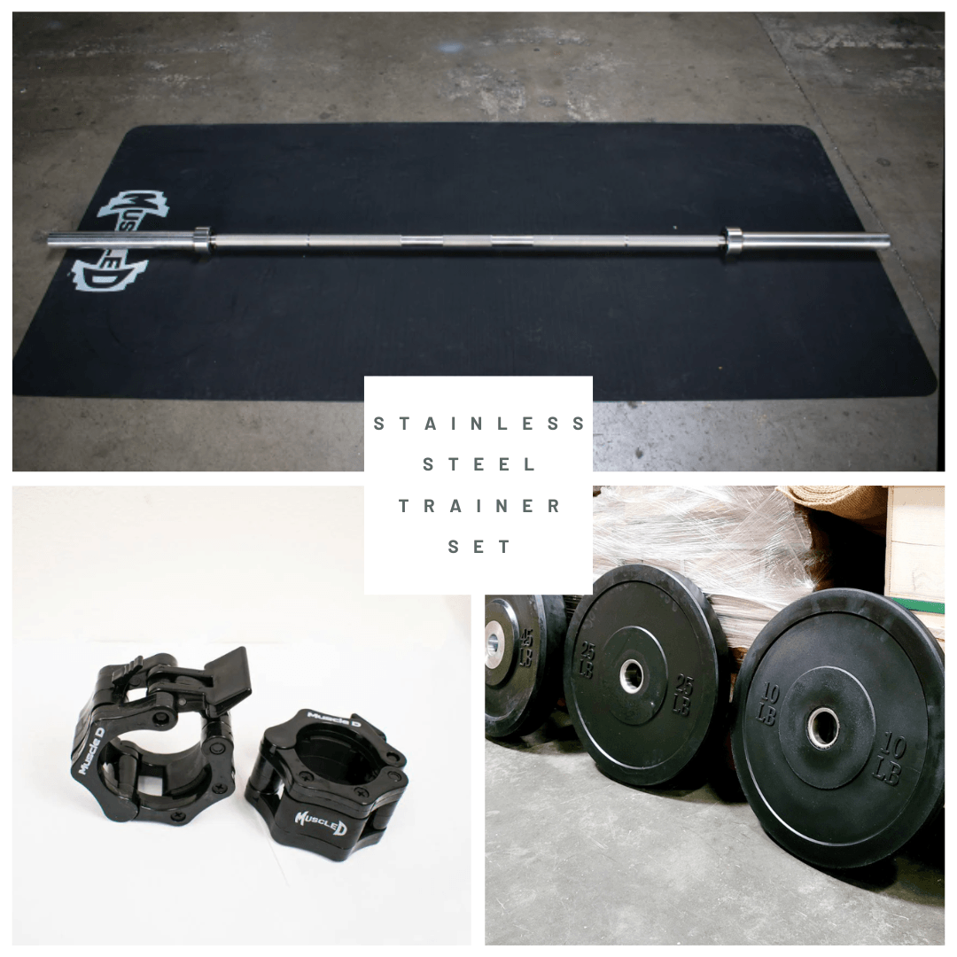 Stainless steel Olympic bar, black bumper plates (10lb, 25lb), and two black barbell collars.