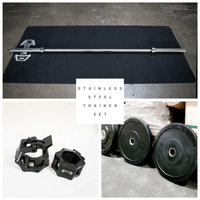 Thumbnail for Stainless steel Olympic bar, black bumper plates (10lb, 25lb), and two black barbell collars.
