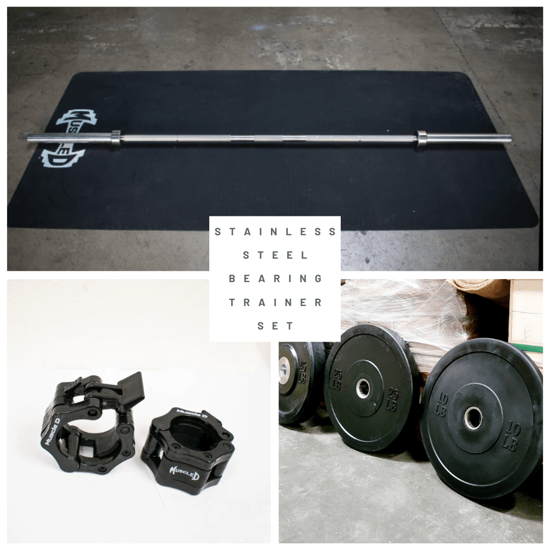 Stainless steel Olympic bar, two black barbell collars, and a stack of black bumper plates.