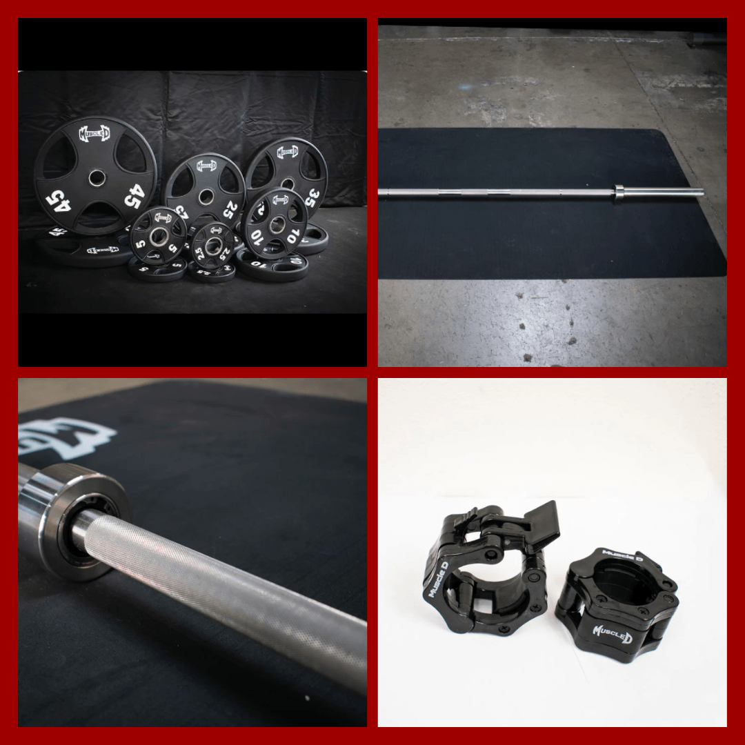 Olympic bar, urethane weight plates, and barbell collars.