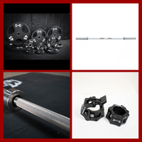Thumbnail for Collage of Olympic weight plates, a chrome bar, a close-up of the bar, and two black barbell collars.