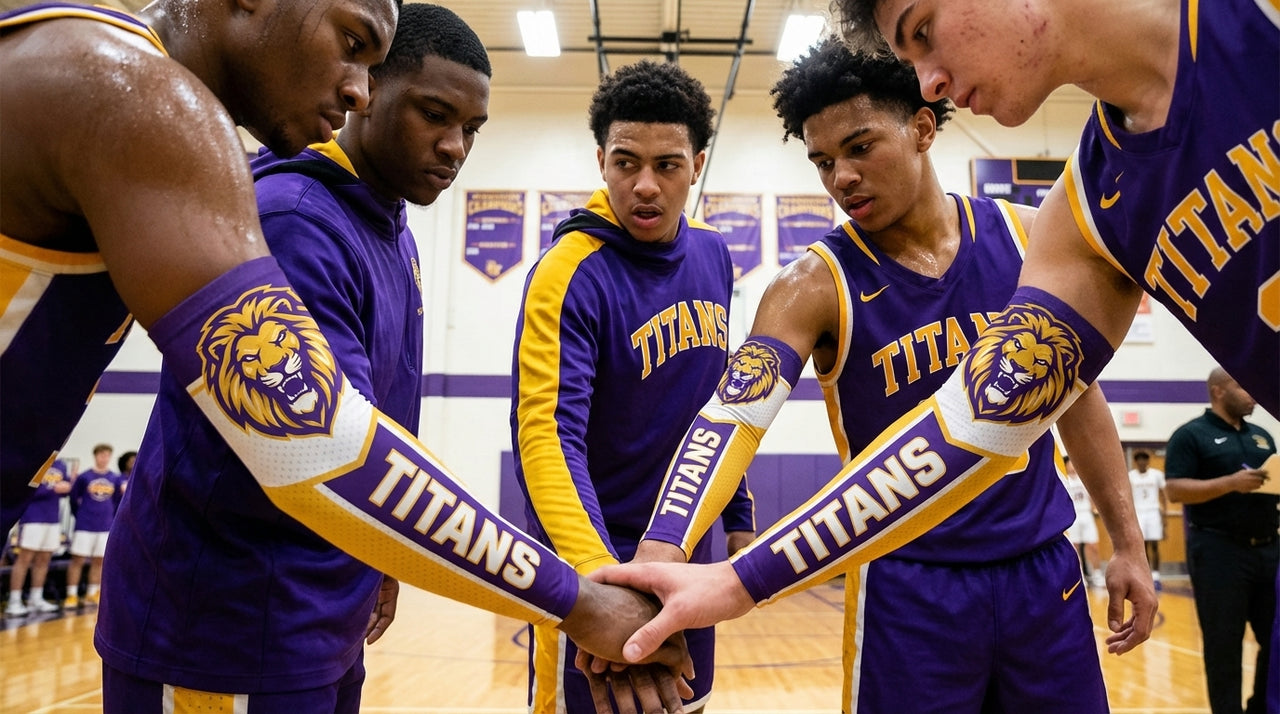 Basketball players wearing purple and gold arm sleeves with "Titans" and a lion logo.