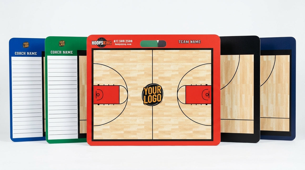 Five custom basketball coaching boards in red, green, blue, and black, showing court diagrams and note sections.