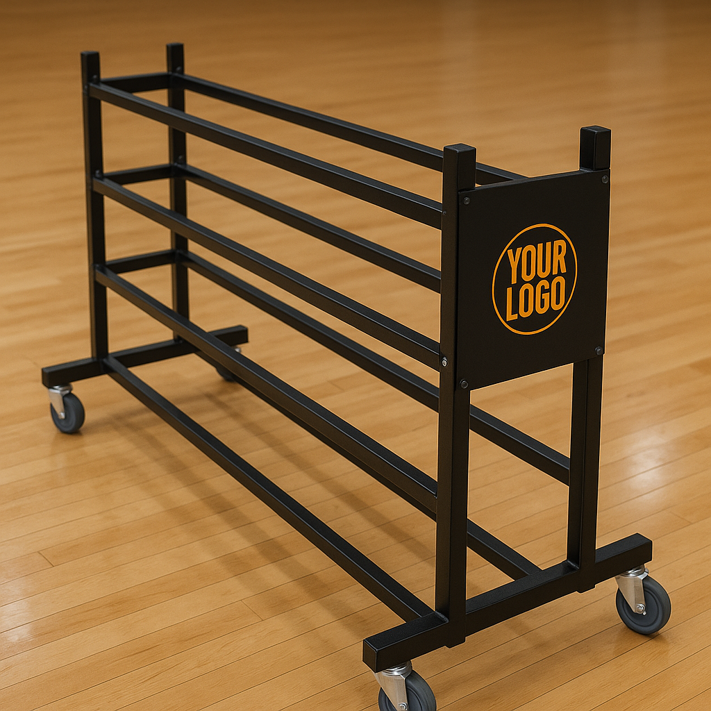 Black metal ball rack on wheels with "YOUR LOGO" placeholder on the side, on a wooden floor.