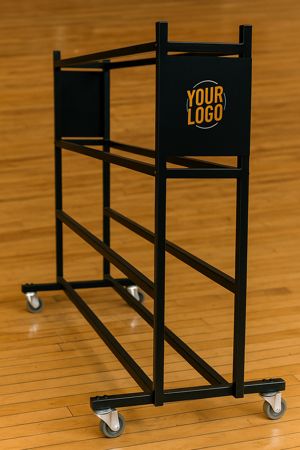 Black metal ball rack on wheels with "YOUR LOGO" placeholder on a wooden floor.