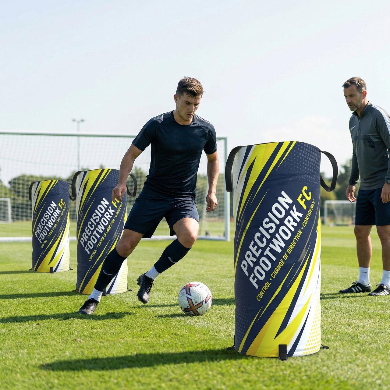 Soccer player dribbling past custom pop-up defenders on a field, coach watching.