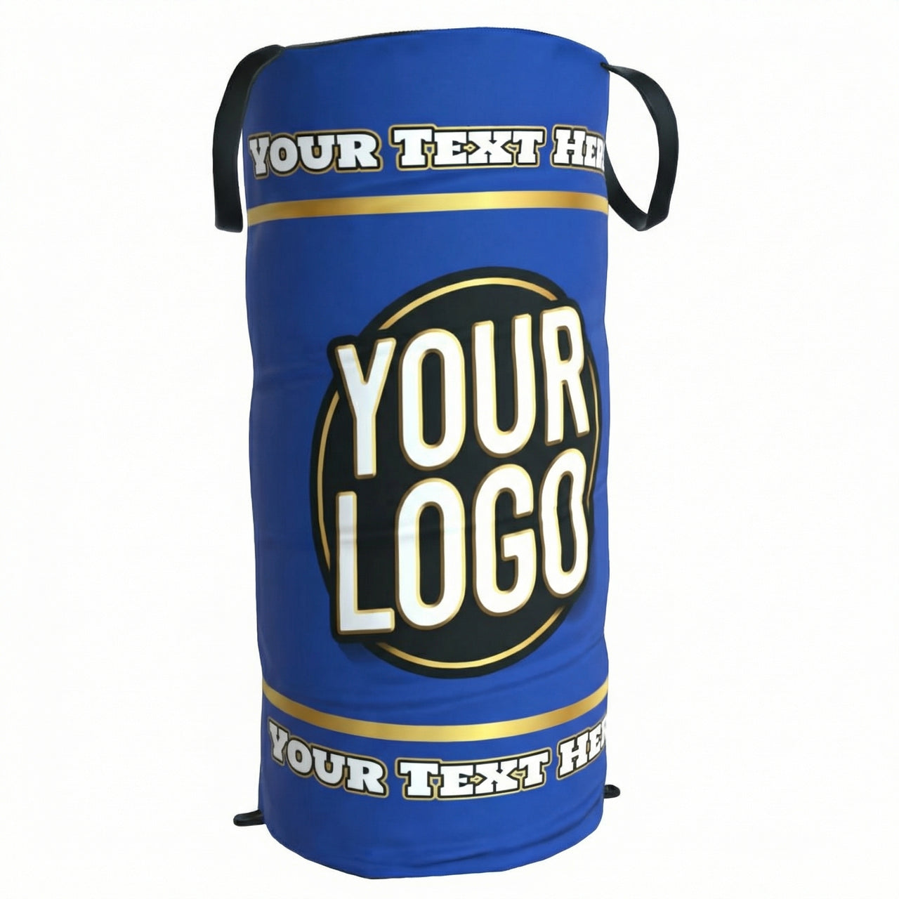 Blue custom pop-up defender with "YOUR LOGO" in a black circle and "YOUR TEXT HERE" above and below.