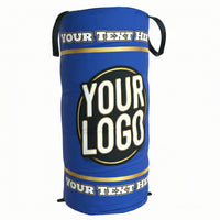 Thumbnail for Blue custom pop-up defender with "YOUR LOGO" in a black circle and "YOUR TEXT HERE" above and below.