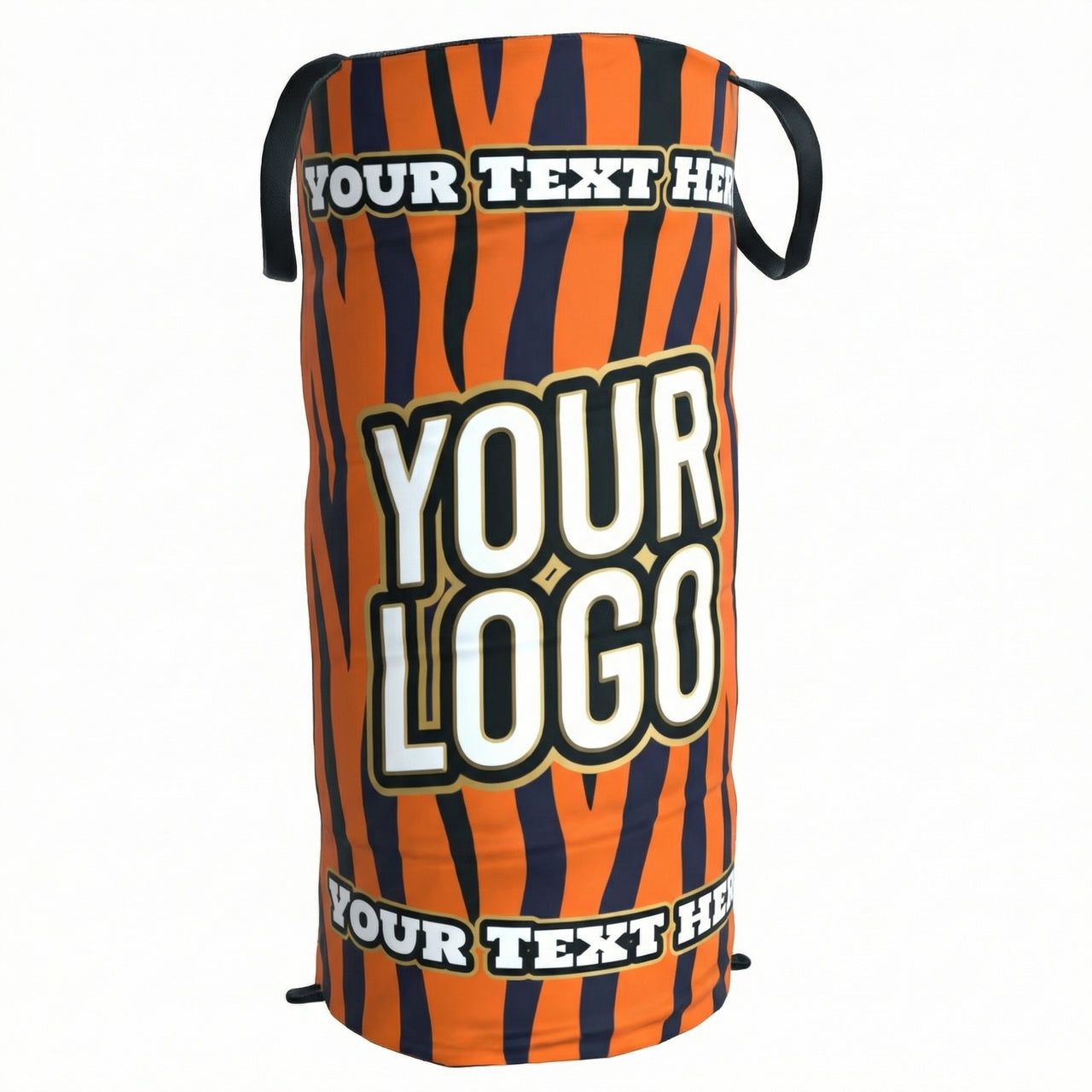Orange and black tiger-striped pop-up defender with "YOUR LOGO" and "YOUR TEXT HERE" placeholders.