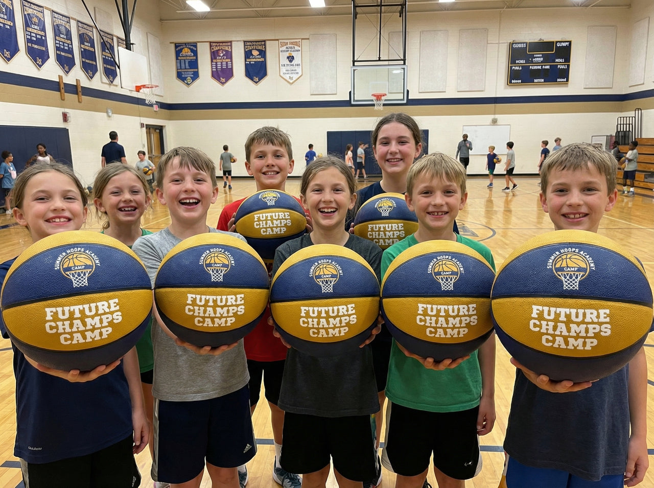 Children holding basketballs with 'Future Champs Camp' text in a gymnasium.