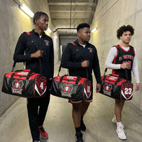 Thumbnail for Three athletes carry personalized red and black duffle bags with team logos and names.