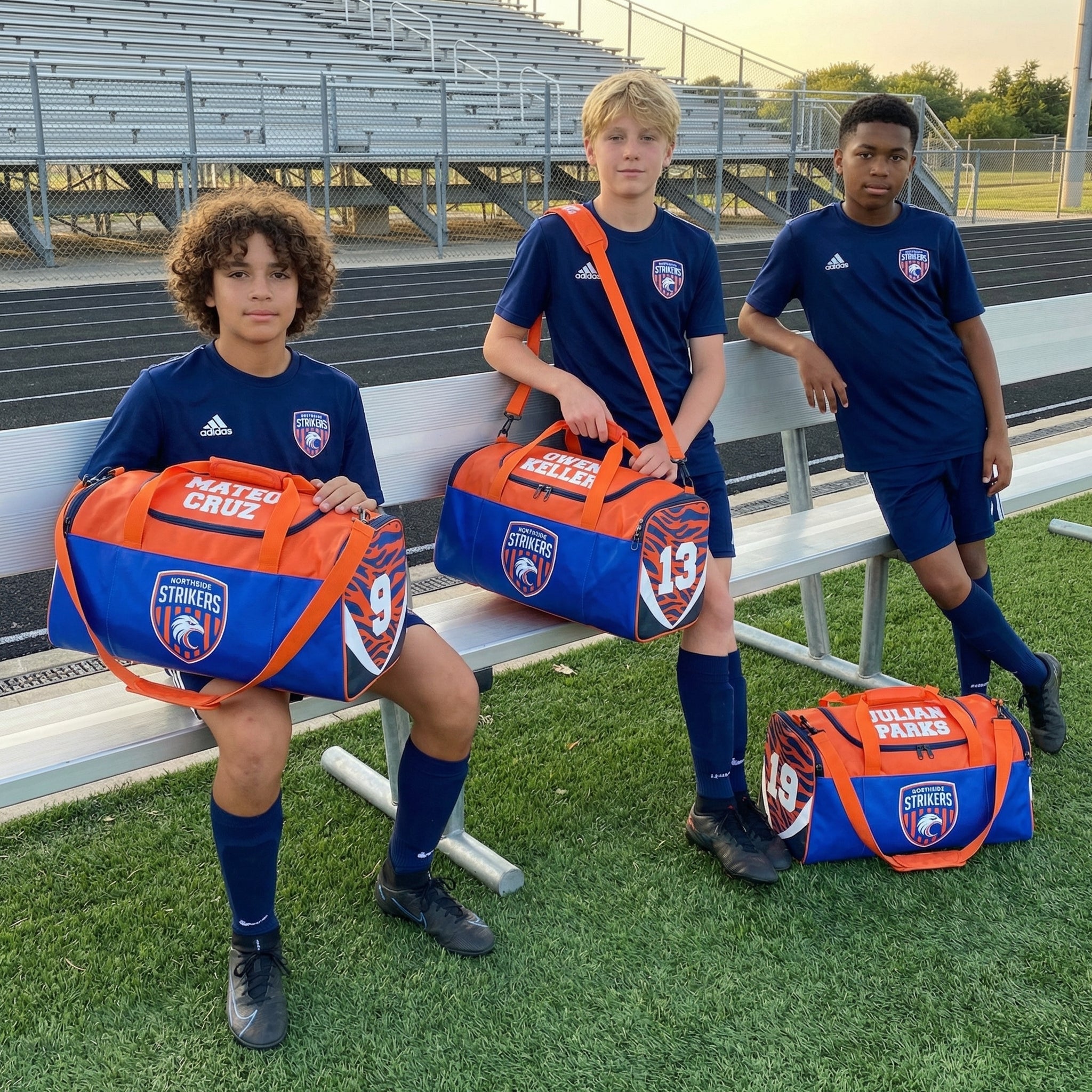 Three boys in soccer uniforms with personalized orange and blue duffle bags on a field.