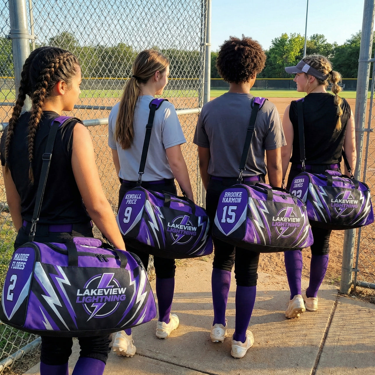 Four athletes carrying personalized purple and black duffle bags with "Lakeview Lightning" logo.