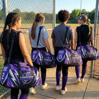 Thumbnail for Four athletes carrying personalized purple and black duffle bags with 