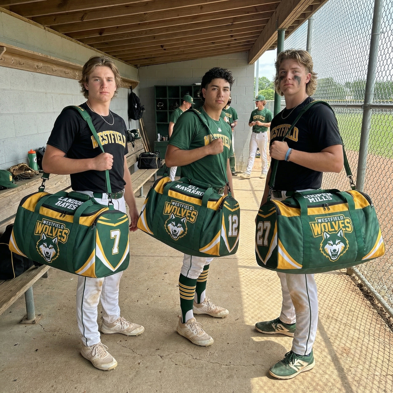 Three baseball players in a dugout holding personalized green and gold duffle bags with "Westfield Wolves" logo.