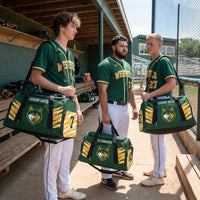 Thumbnail for Three baseball players in green uniforms holding customized green duffle bags with a wolf logo.