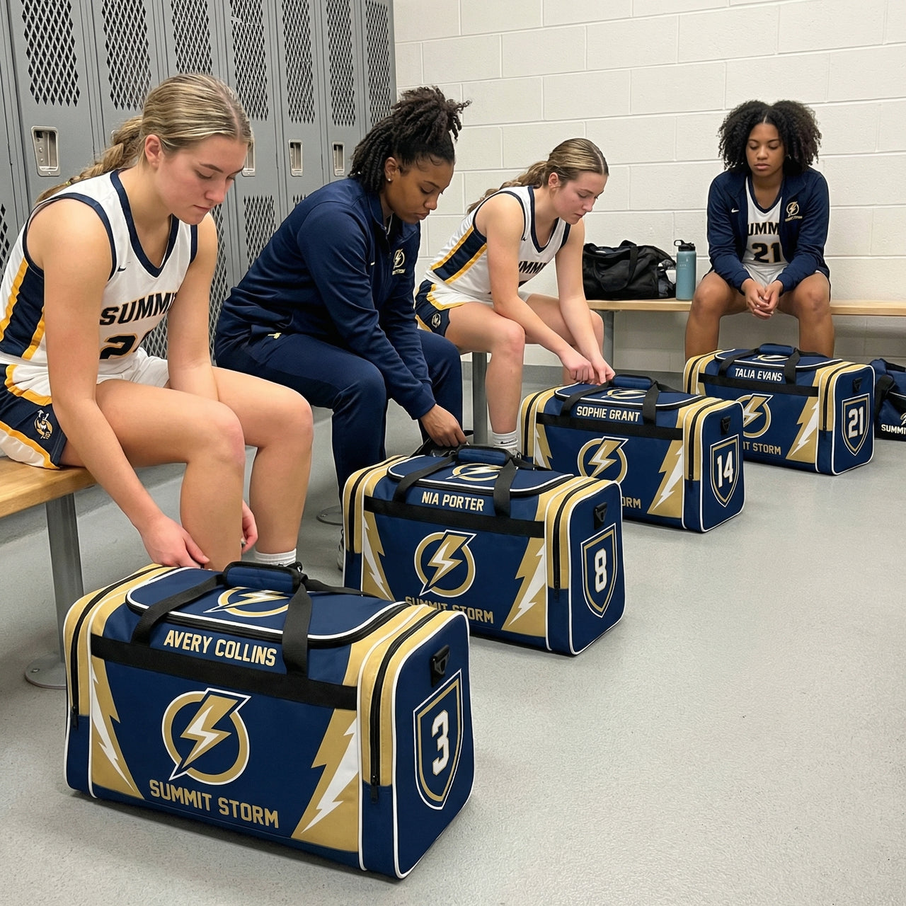 Four athletes sit on a bench in a locker room with four customized duffle bags on the floor.