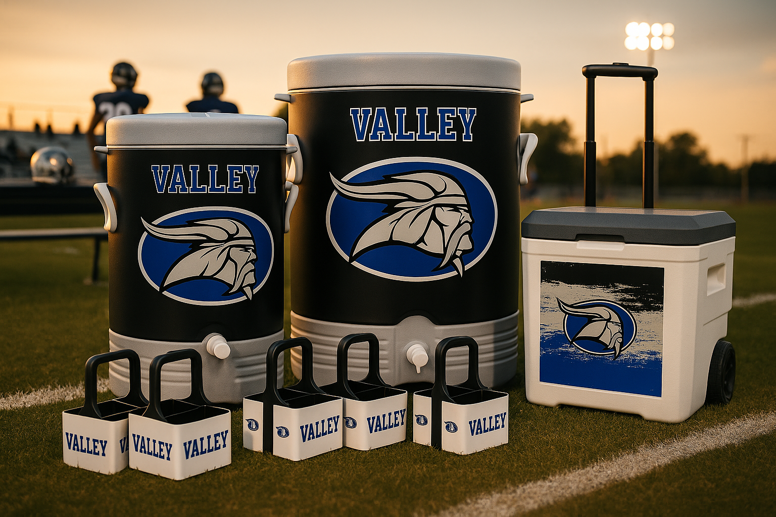 Full-color custom graphic wrap on 5 or 10 gallon cooler for unique team or brand representation.