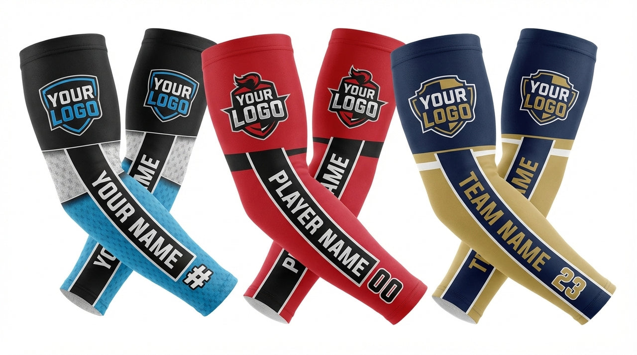 Six custom arm sleeves in blue, red, and gold, with spaces for logos, names, and numbers.