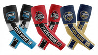 Thumbnail for Six custom arm sleeves in blue, red, and gold, with spaces for logos, names, and numbers.