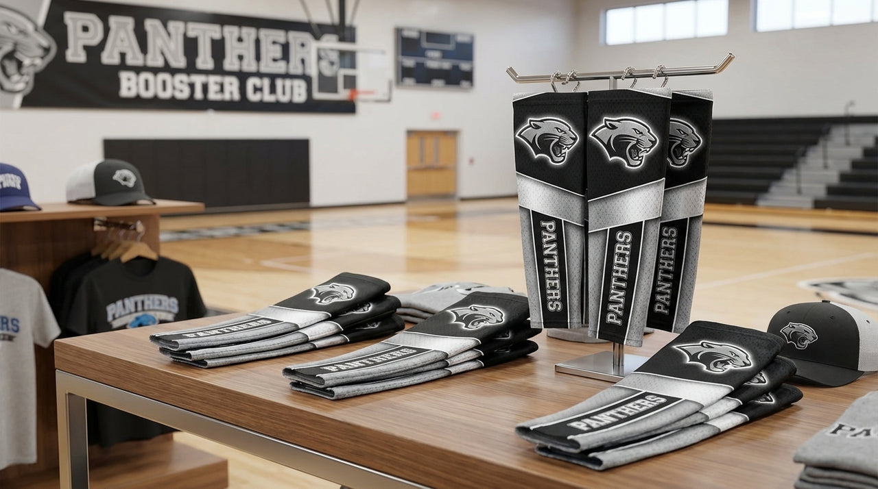 Black and silver arm sleeves with a panther logo and "Panthers" text displayed on a table in a gym.
