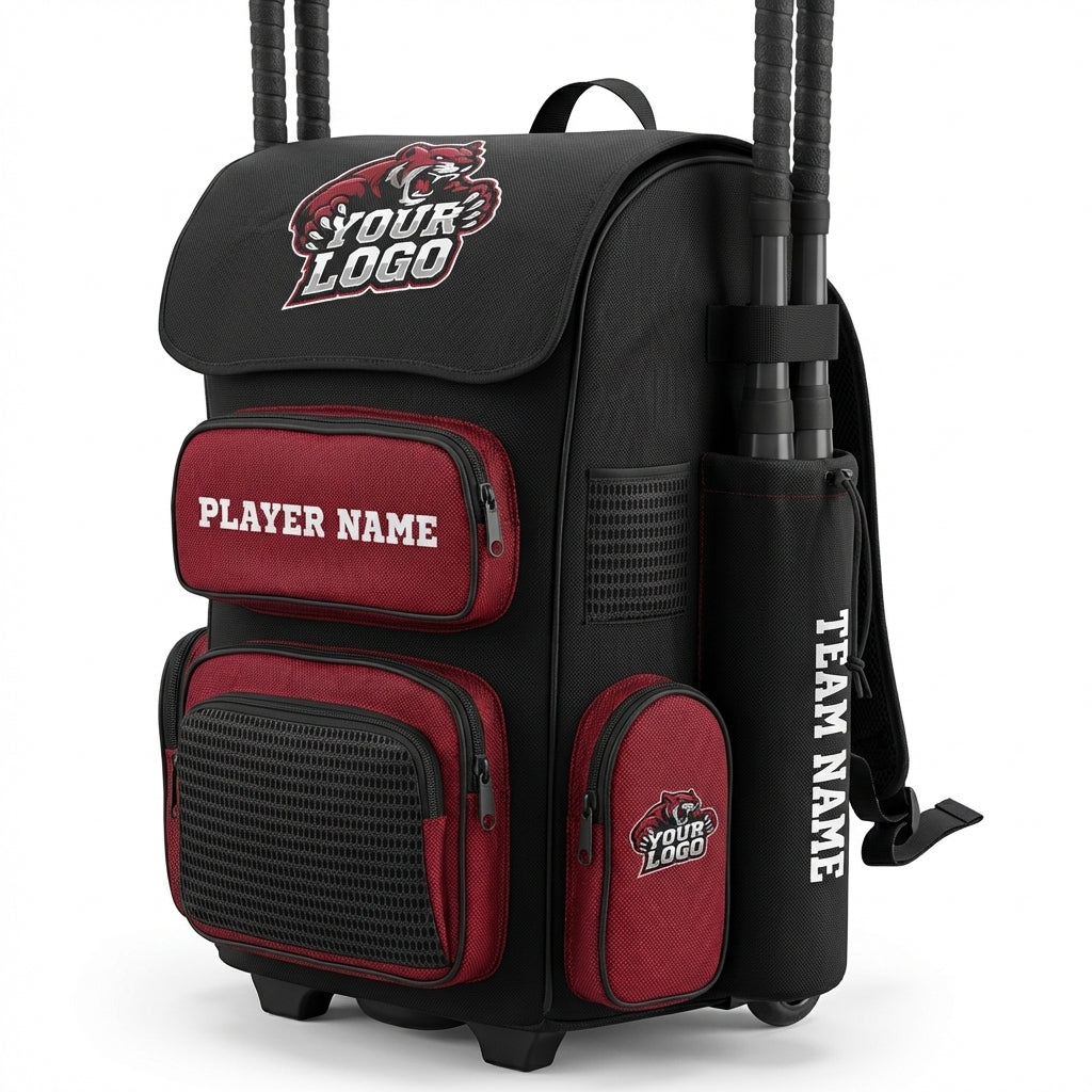 Black and red sports bag with customizable logos and text on a white background