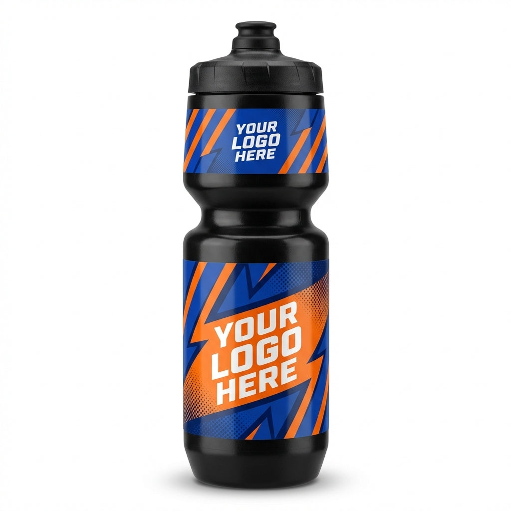 Black water bottle with blue and orange custom logo design.