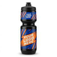 Thumbnail for Black water bottle with blue and orange custom logo design.