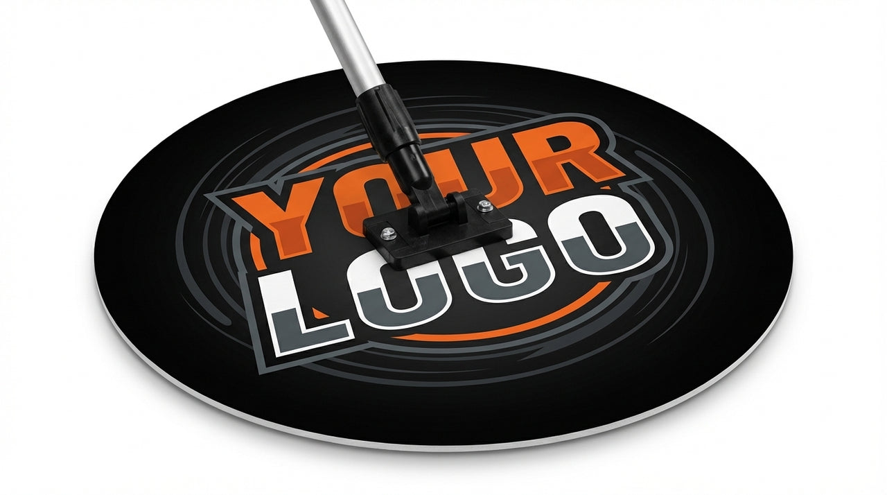 Round black sweat mop with "YOUR LOGO" in orange and white, attached to a silver handle.
