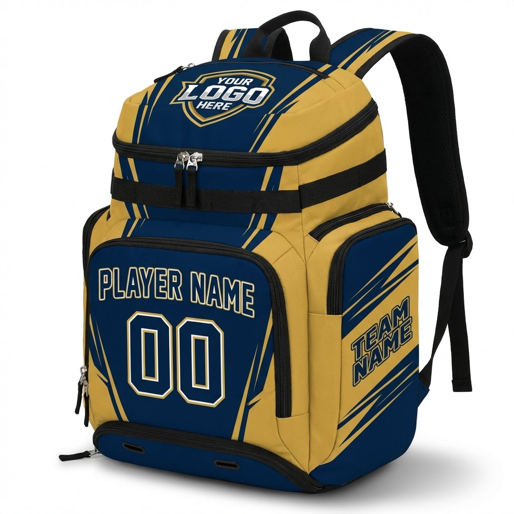 Customizable navy and gold backpack with "YOUR LOGO HERE", "PLAYER NAME 00", and "TEAM NAME" text.