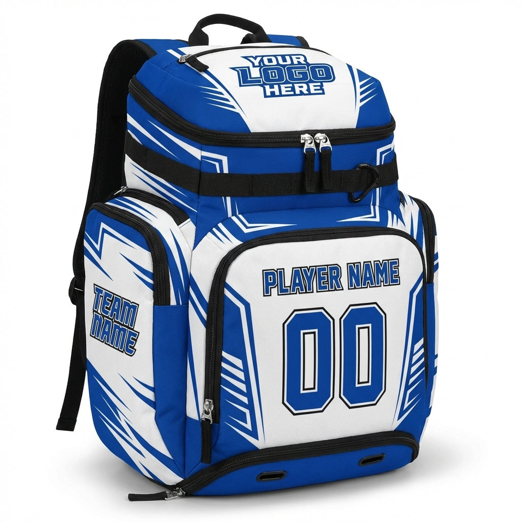 Blue & white custom backpack with "YOUR LOGO HERE", "PLAYER NAME 00", and "TEAM NAME" text.