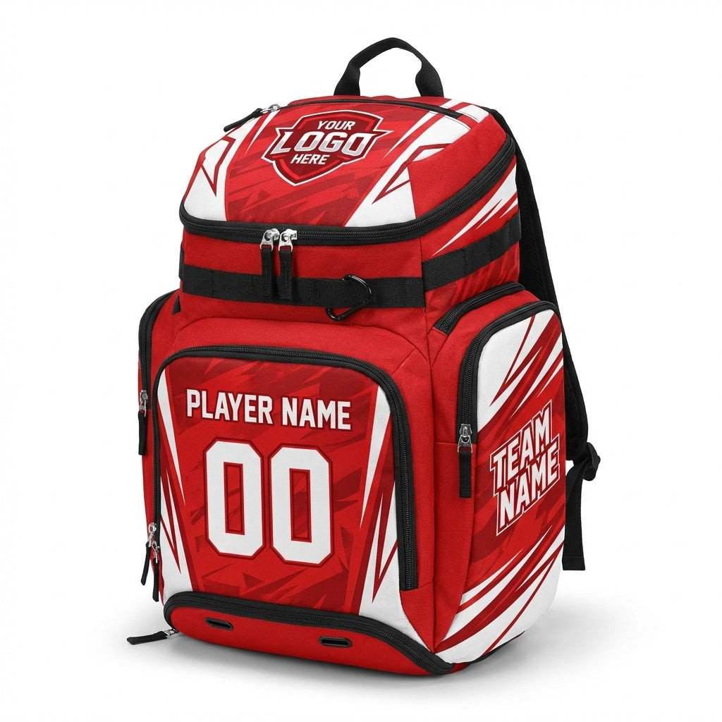 Red custom sports backpack with "YOUR LOGO HERE", "PLAYER NAME 00", and "TEAM NAME" graphics.