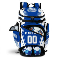 Thumbnail for Blue and white custom backpack with ball, cleats, and water bottle.