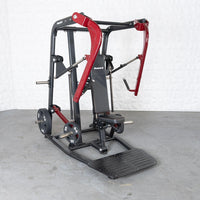 Thumbnail for Black and red plate-loaded chest press machine with an adjustable bench and footplate.