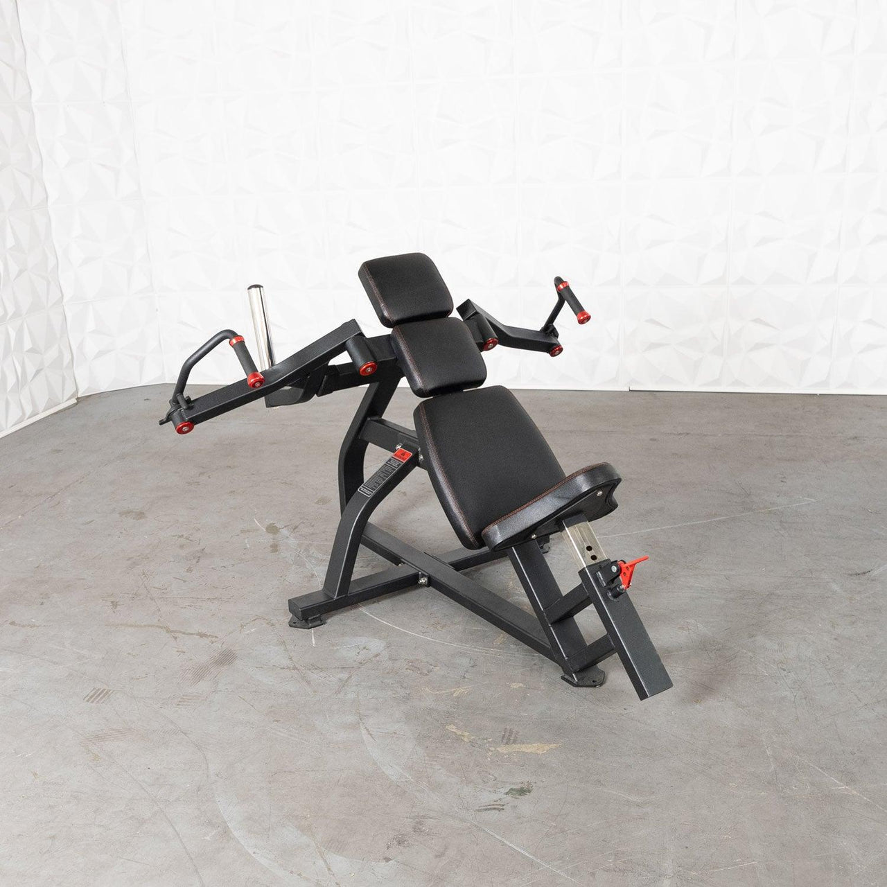 Black incline pec fly machine with red accents and adjustable seat.