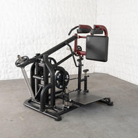 Thumbnail for Black and maroon plate-loaded squat machine with a textured footplate and padded backrest.