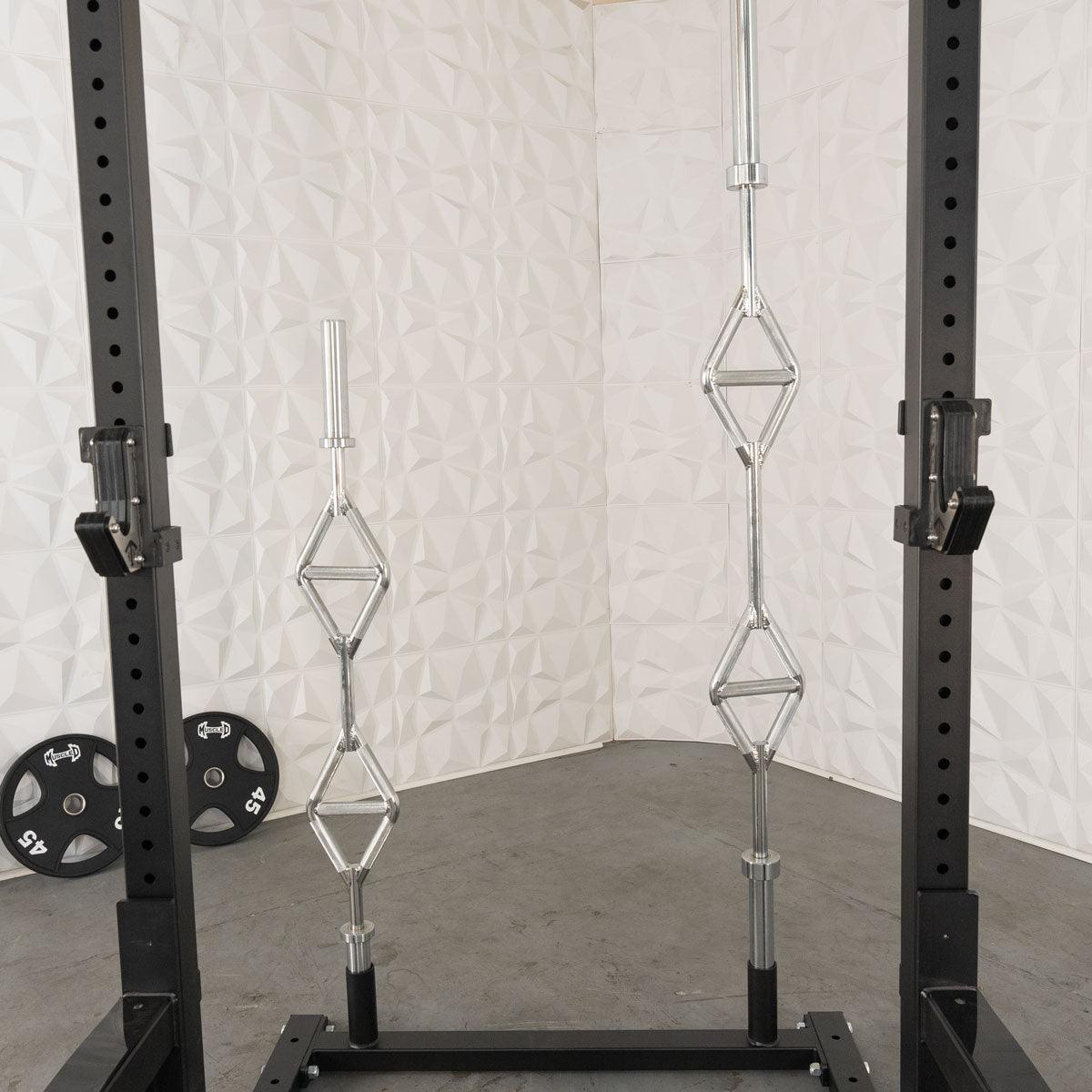 Black squat stand with J-hooks, two multi-grip pull-up bars, and two 45lb weight plates on the floor.