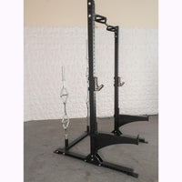 Thumbnail for Black squat stand with multi-grip pull-up bar, J-hooks, and barbell storage.