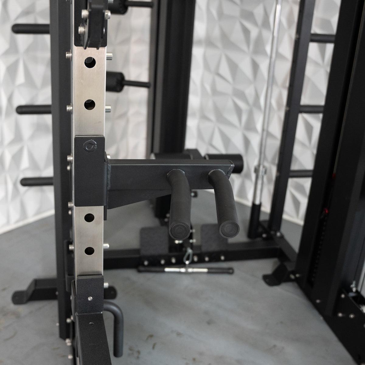 Close-up of a black and silver fitness machine with dip handles and weight plate storage pegs.