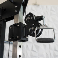 Thumbnail for Close-up of a black pulley system with a silver D-handle attachment on a fitness machine.