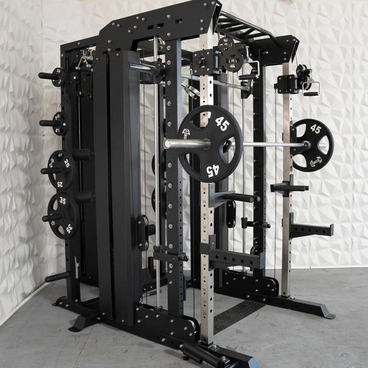 Black multi-station home gym with barbell, weight plates, and cable attachments.