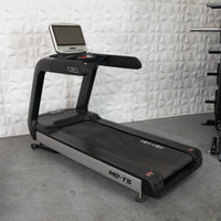 Thumbnail for Black and silver commercial treadmill with a large touchscreen display.