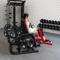 Thumbnail for Woman using a plate-loaded abductor/hip extension machine in a gym.