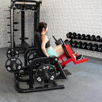 Thumbnail for Woman using a black and red plate-loaded abductor/hip extension machine in a gym.