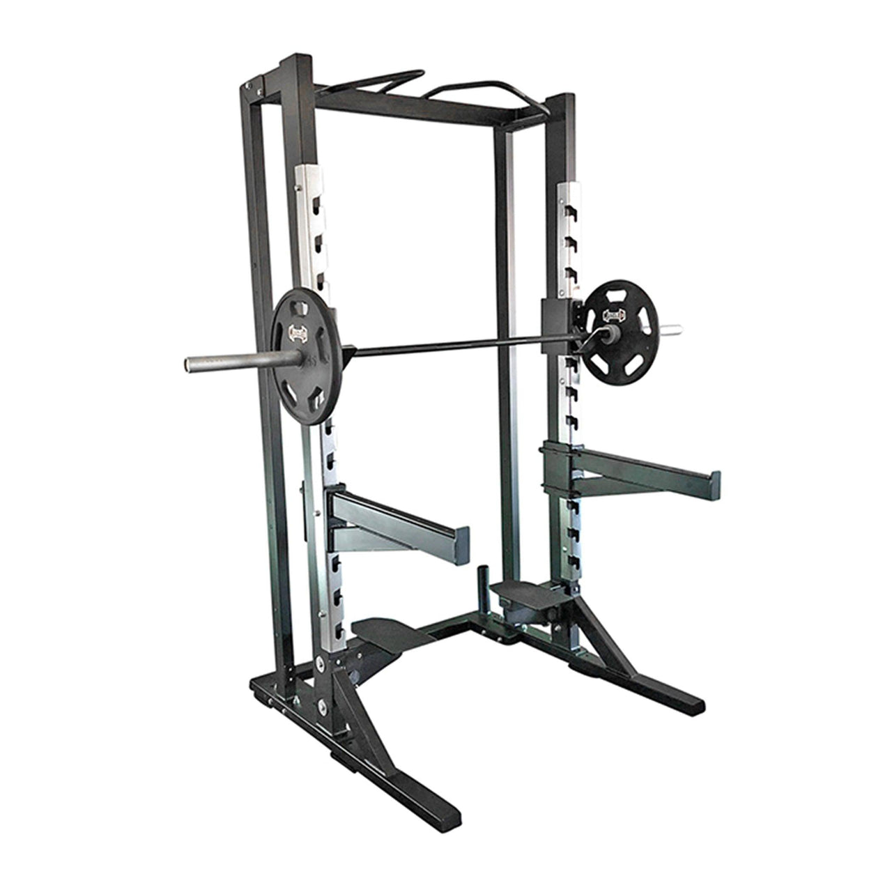 Black half rack with a barbell, weights, safety bars, and pull-up bar.